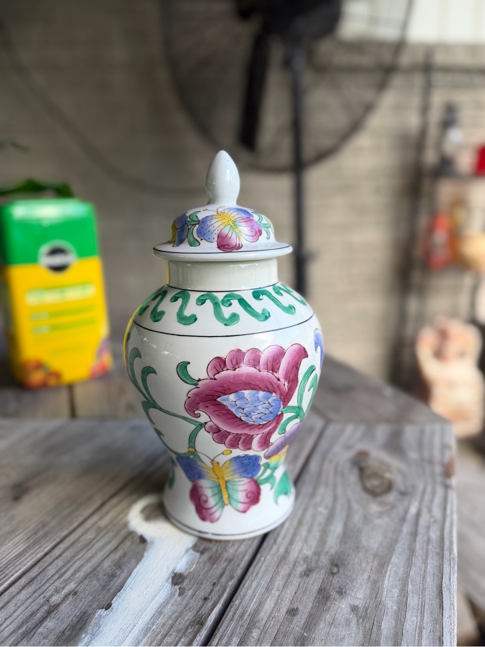 Hand-Painted Floral Ceramic Ginger Jar - White with Pink & Green